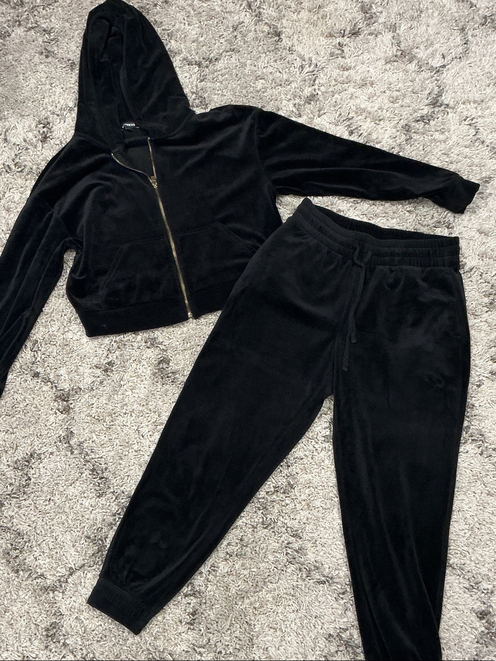 Black Velour Zip Hoodie & Jogger Set-Express